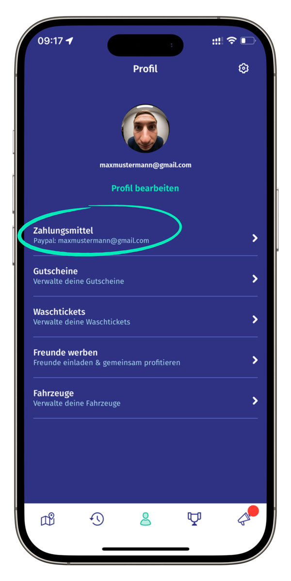 Ein Smartphone zeigt das Profil der ryd app.