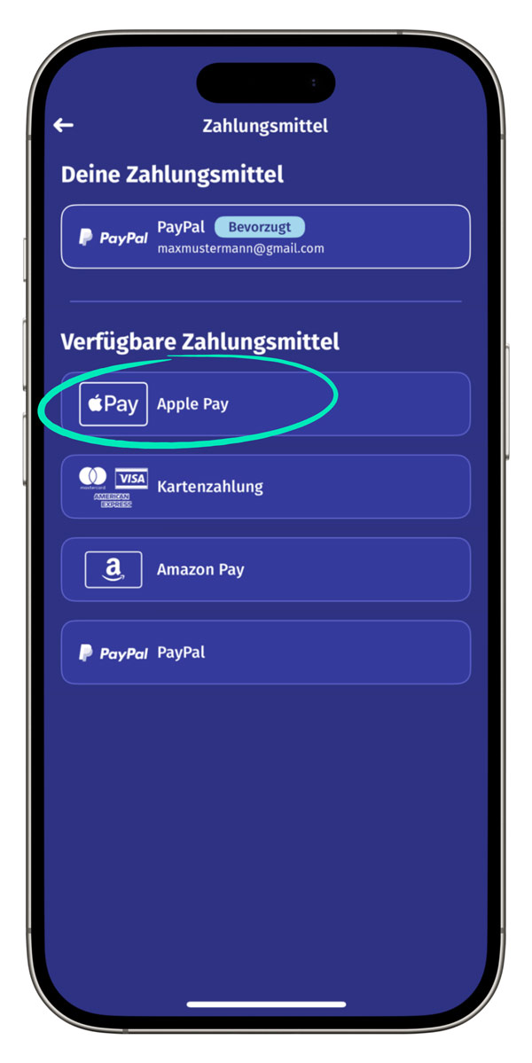 Ein Smartphone zeigt in der ryd App die Auswahl Zahlungsart