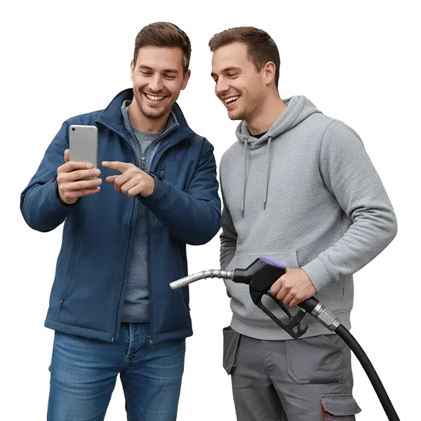 two man looking at their smartphone, one of the is holding a fuel pump