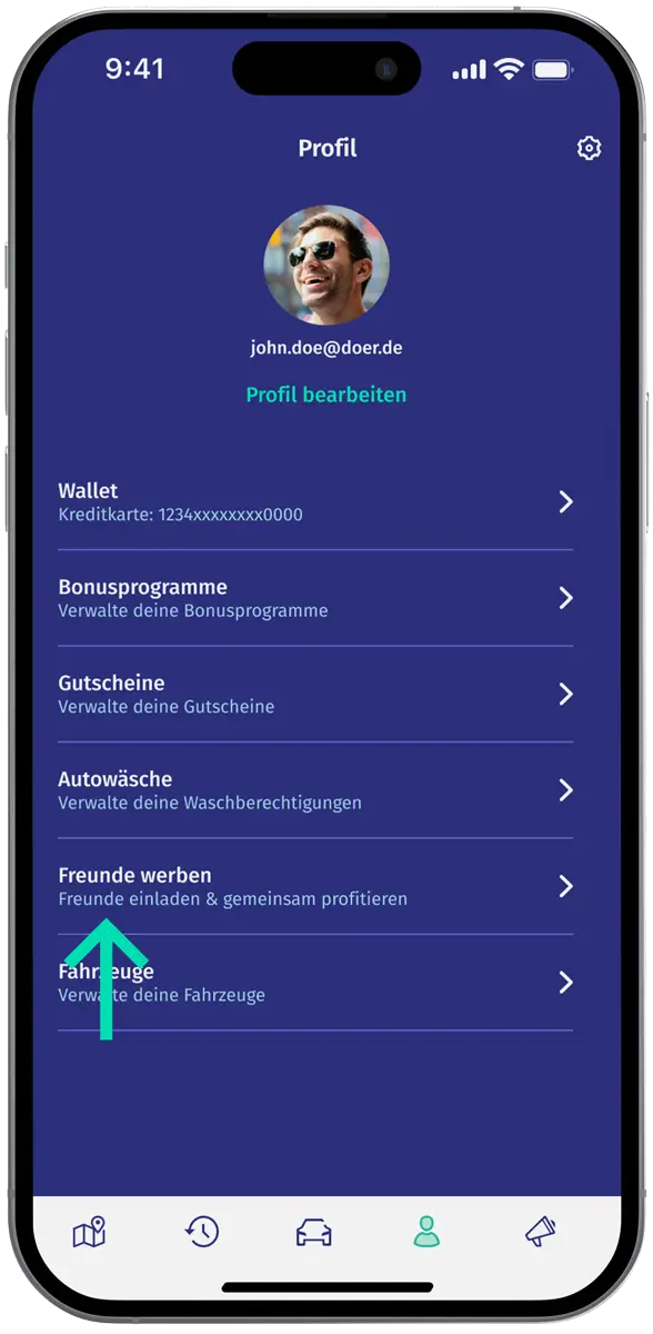 ryd app screen that shows where to click to refer friends