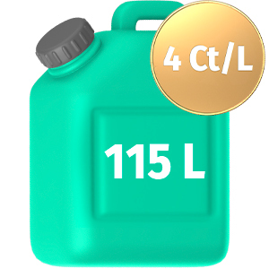 Ein grüner Benzinkanister mit 115 Liter Füllmenge und eine 4 Cent / Liter Goldmünze.