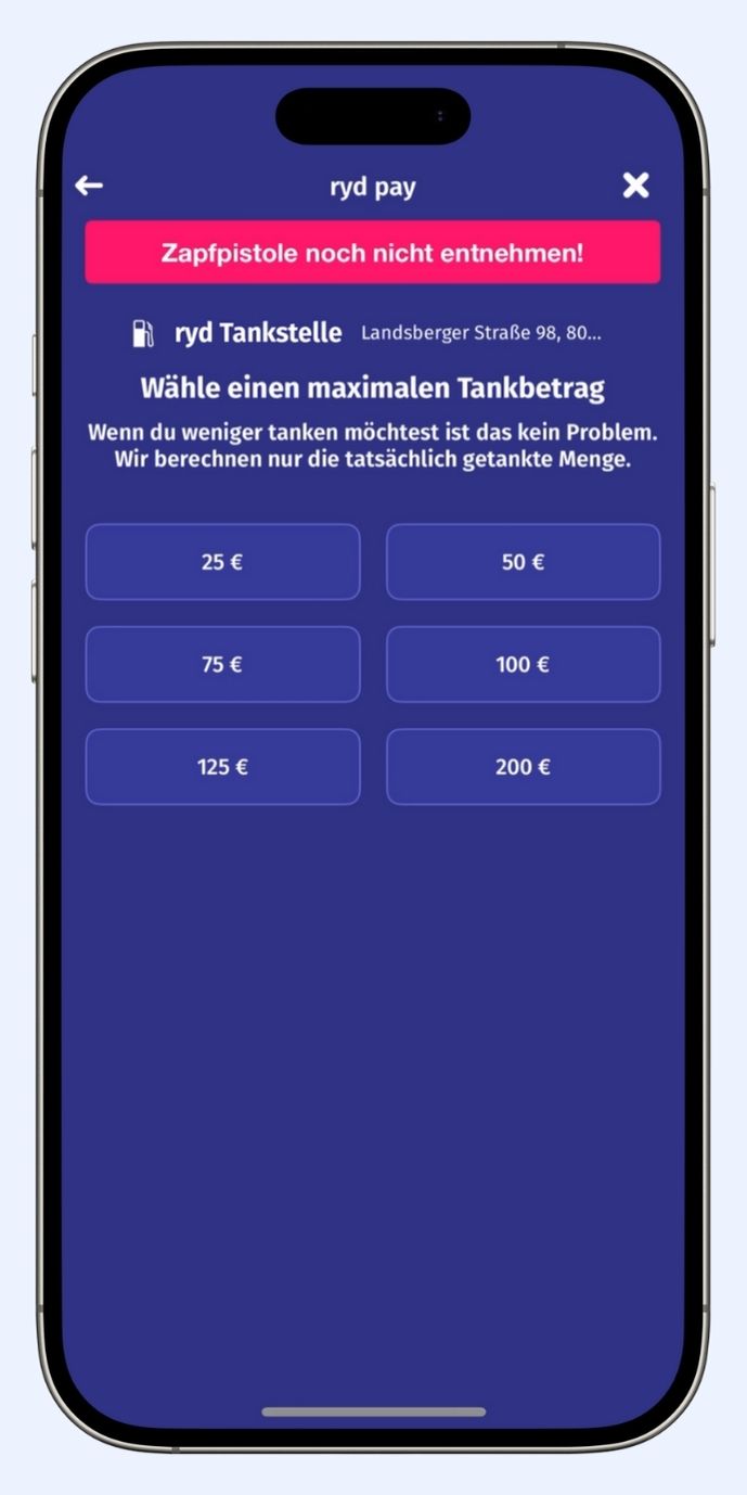 Ein Smartphone zeigt in der ryd App die Auswahl des maximalen Tankbetrags.