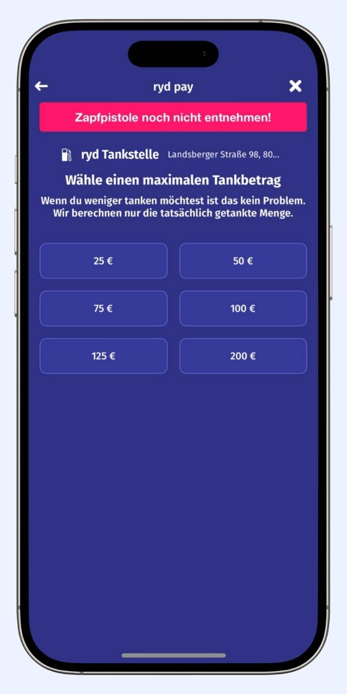Ein Smartphone zeigt in der ryd App die Auswahl des maximalen Tankbetrags.