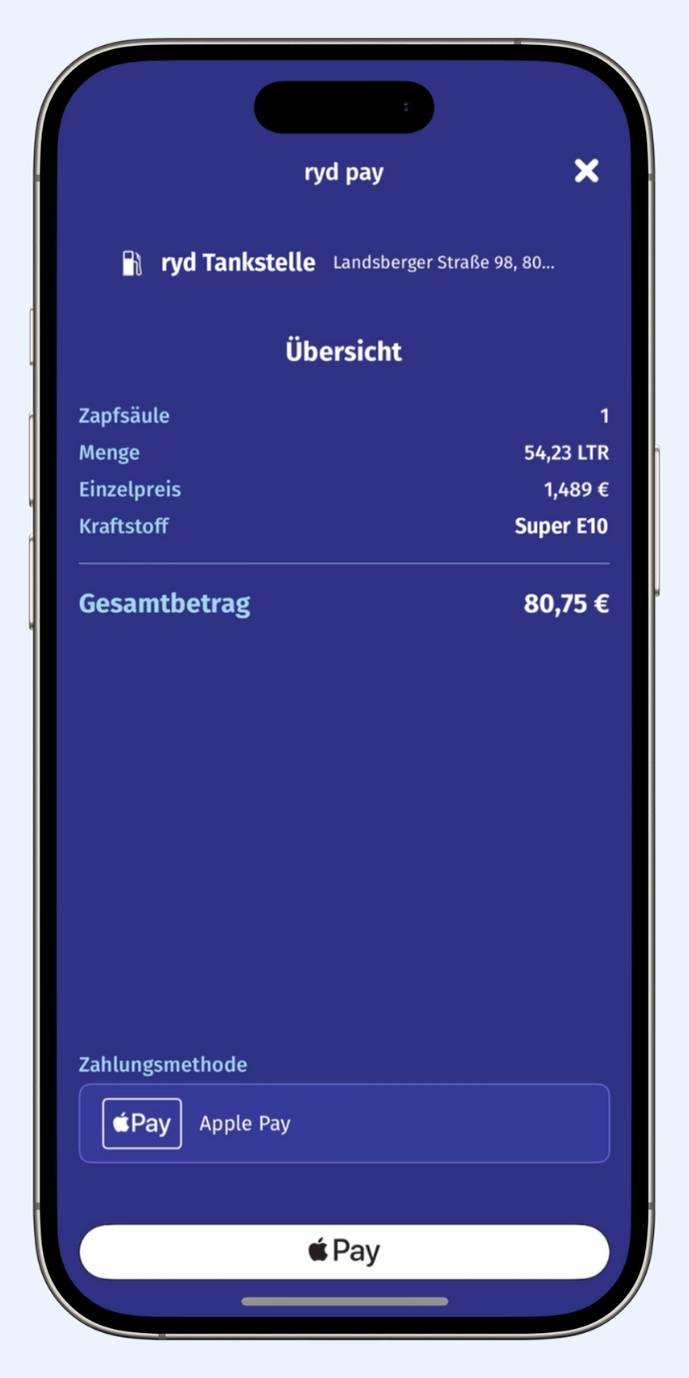 Ein Smartphone zeigt in der ryd App die Bestellübersicht des Tankvorgangs.