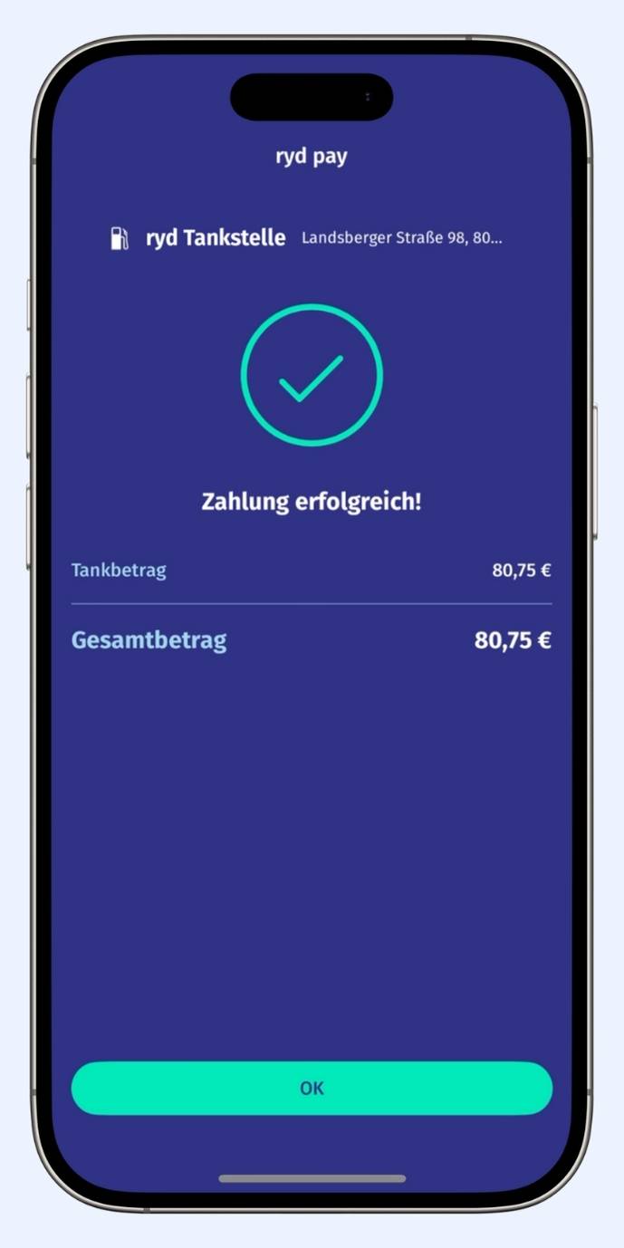 Ein Smartphone zeigt in der ryd App die Zahlungsbestätigung.