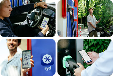 Split screen with four images. Top left, a customer in a car uses the ryd app on his smartphone. Top right, a man refueling his car. Bottom left, a customer holds his smartphone with the ryd app open up to the camera. Bottom right, a customer pays for his e-car charging process using the ryd app on his smartphone.