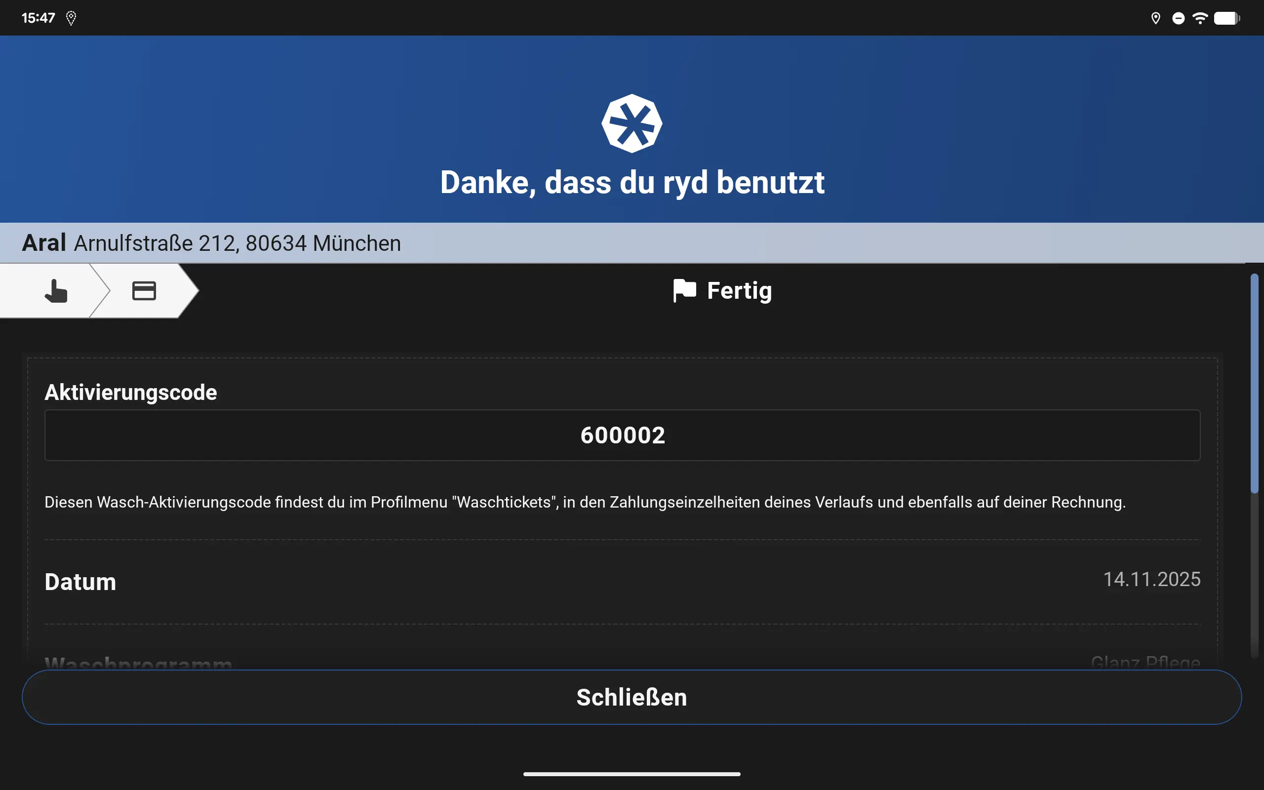 Ein Screen zeigt in der ryd App die Übersicht des gewählten Tankprogramms.