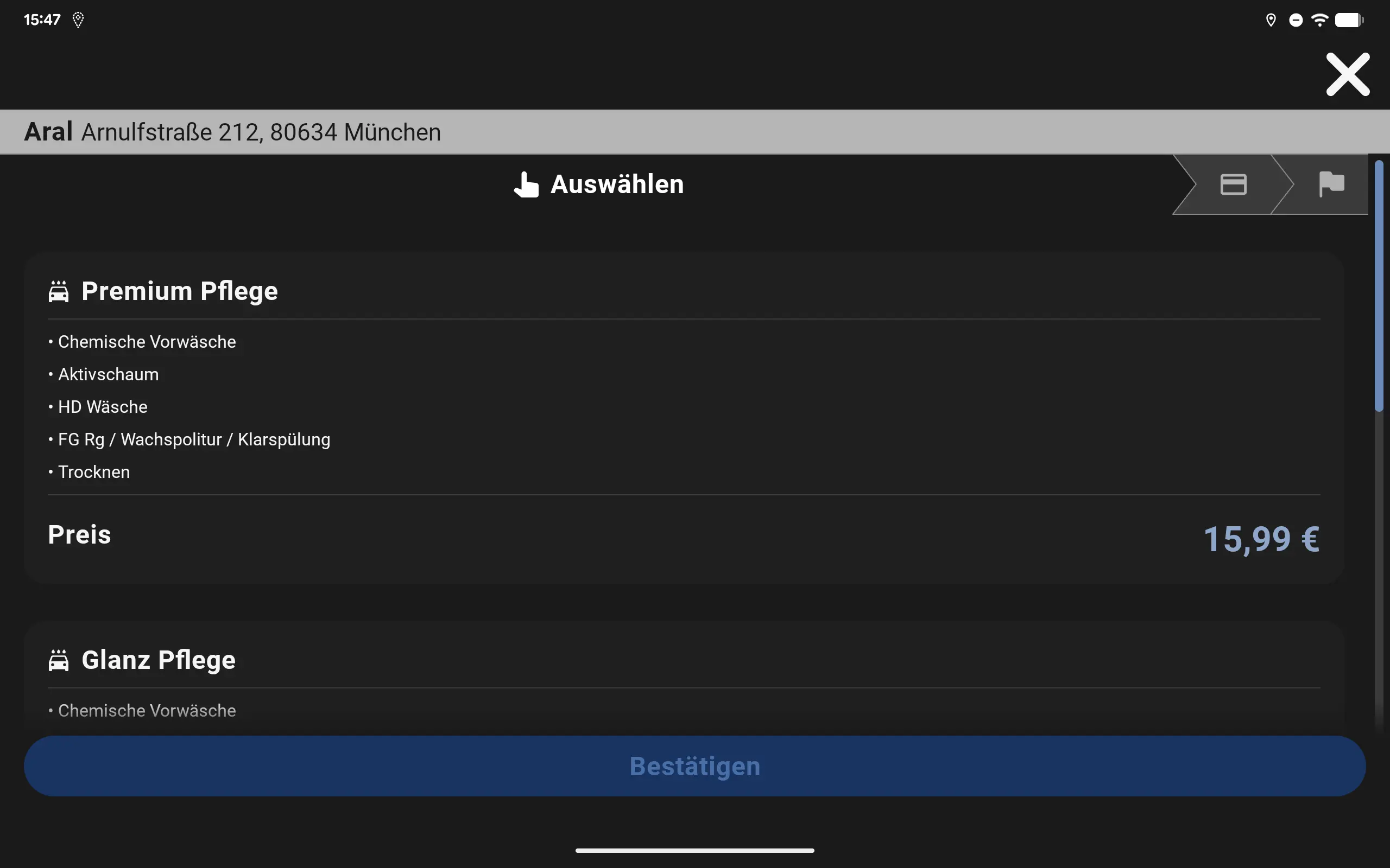 Ein Screen zeigt in der ryd App die Auswahl der Zapfsäule.