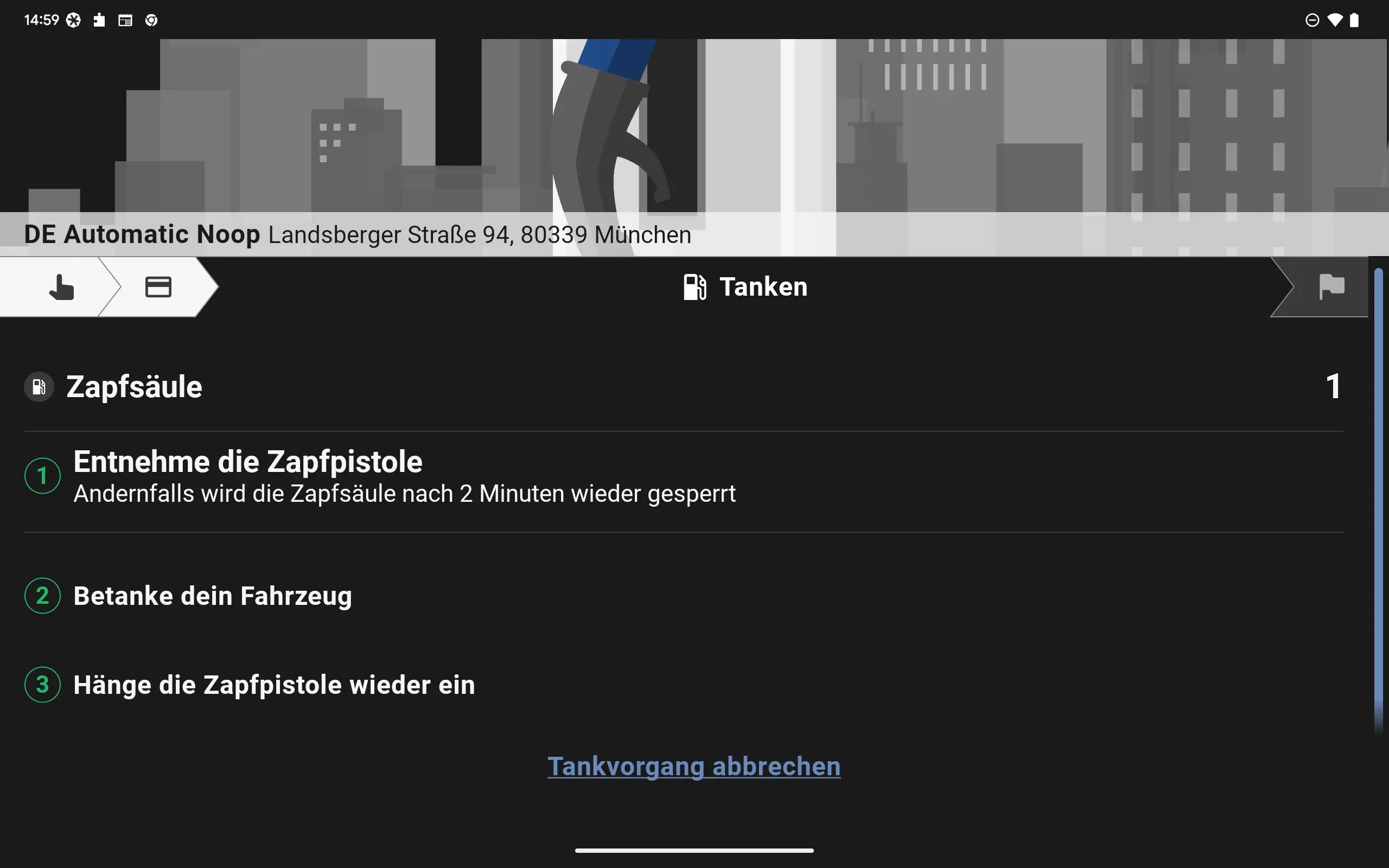 Ein Screen zeigt in der ryd App an, dass der Kunde die Zapfsäule ziehen kann.