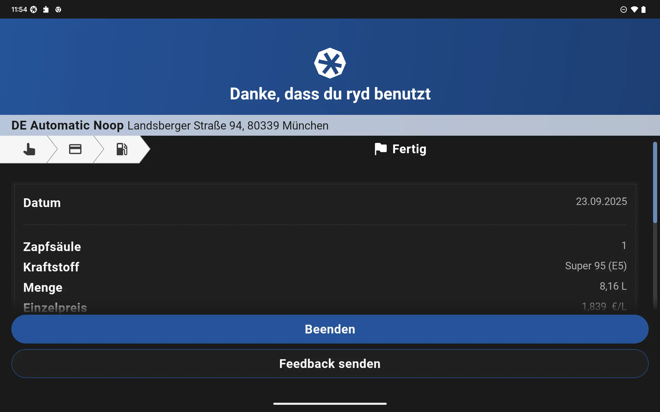 Ein Screen zeigt in der ryd App die Bestellübersicht des Tankvorgangs.
