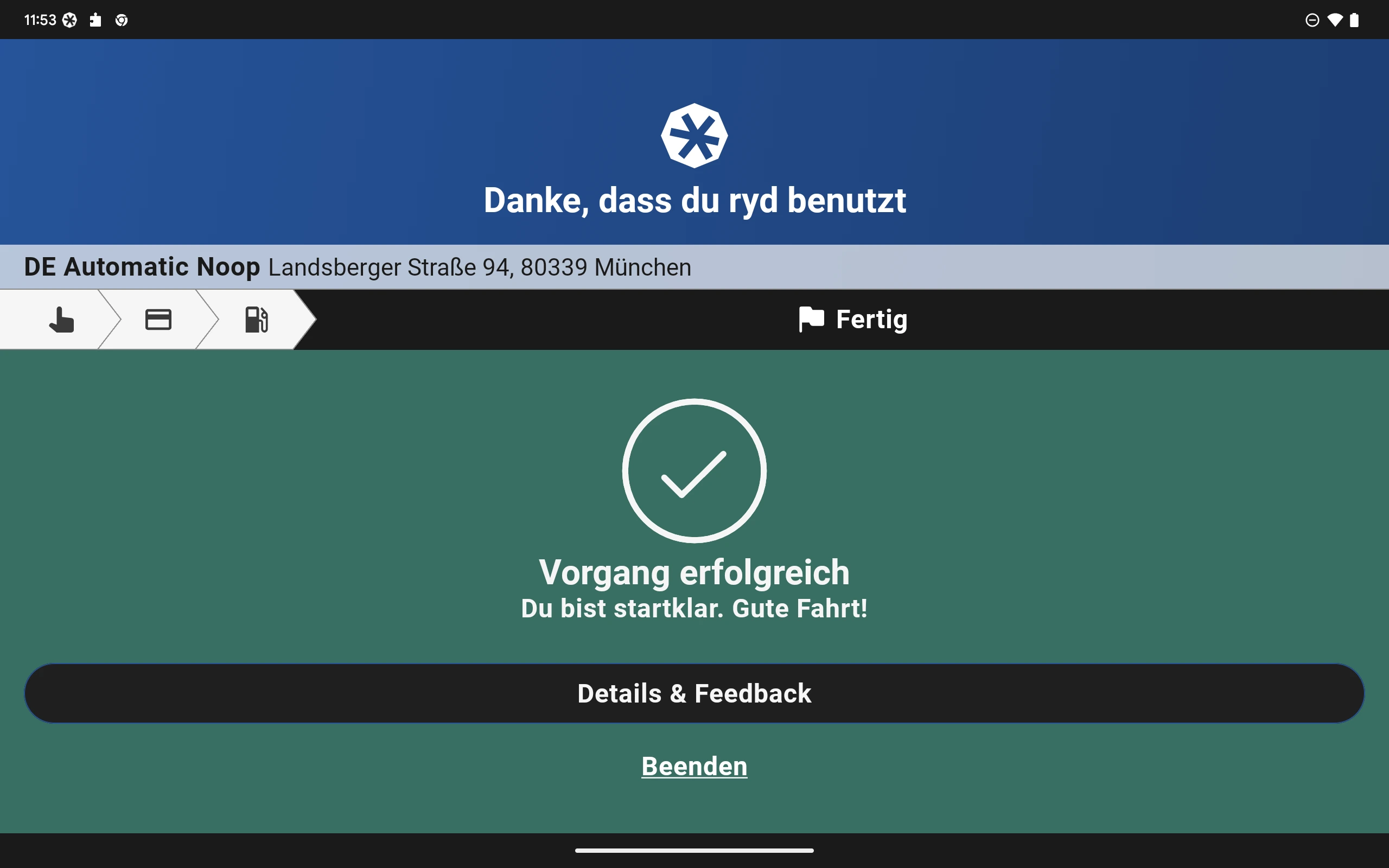 Ein Screen zeigt in der ryd App die Zahlungsbestätigung.