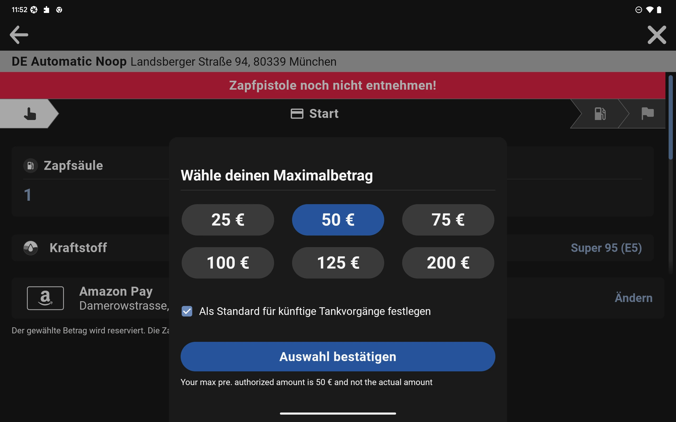 Ein Screen zeigt in der ryd App die Auswahl des maximalen Tankbetrags.
