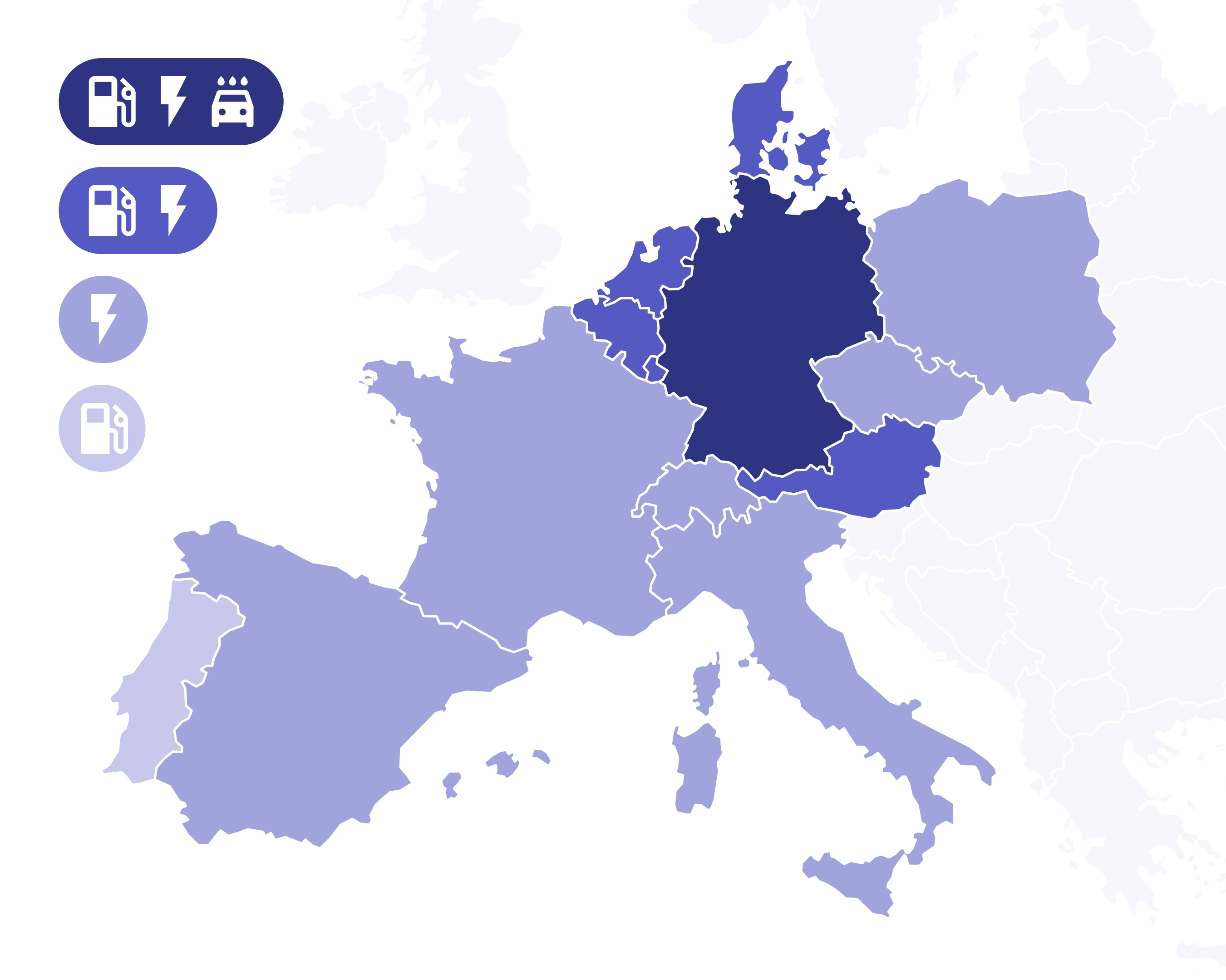 Europakarte, die alle Länder blau hervorhebt, in denen ryd verfügbar ist. 

Map of Europe highlighting in blue all the countries where ryd is available.