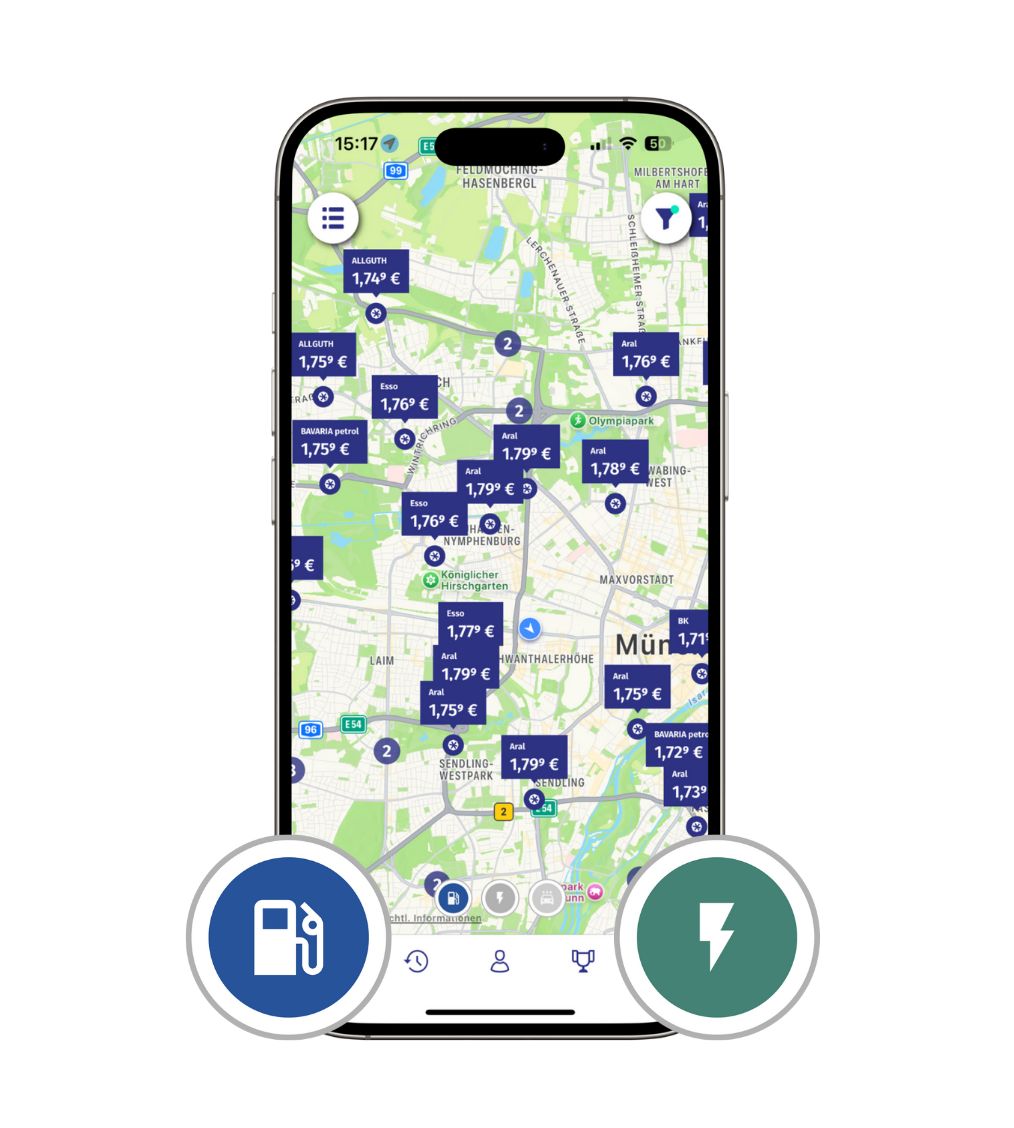 Ein Smartphone mit geöffneter digitaler Kartenansicht in der ryd Fleet App. Links gibt es einen großen blauen Tank-Icon, rechts einen großen grünen Lade-Icon.