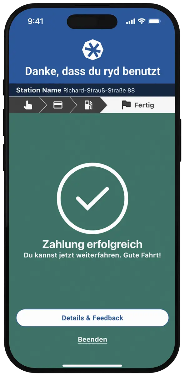 Ein Smartphone zeigt in der ryd App die Zahlungsbestätigung.