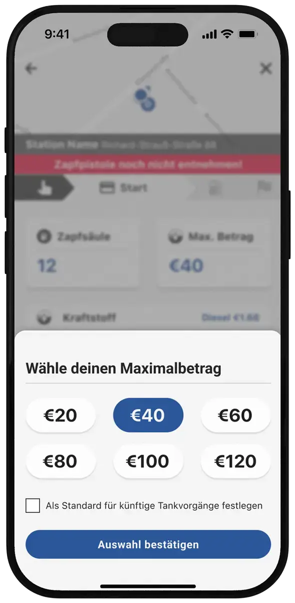 Ein Smartphone zeigt in der ryd App die Auswahl des maximalen Tankbetrags.
