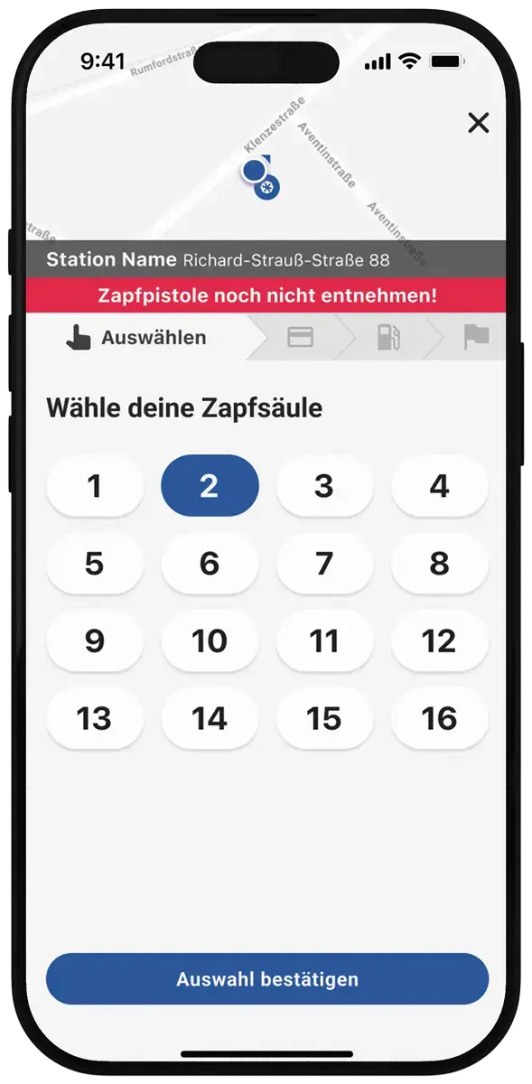 Ein Smartphone zeigt in der ryd App die Auswahl der Zapfsäule.