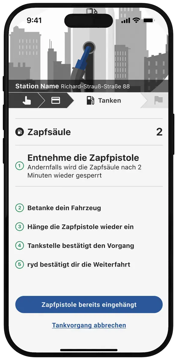 Ein Smartphone zeigt in der ryd App an, dass der Kunde die Zapfsäule ziehen kann.