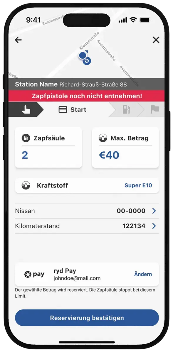 Ein Smartphone zeigt in der ryd App die Übersicht des gewählten Tankprogramms.