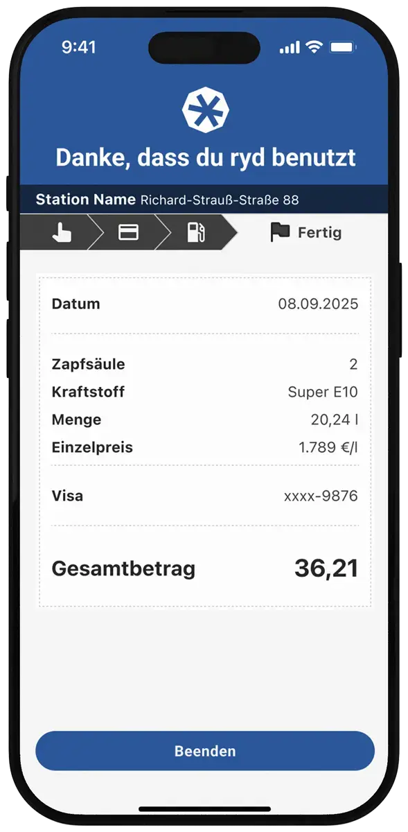 Ein Smartphone zeigt in der ryd App die Bestellübersicht des Tankvorgangs.