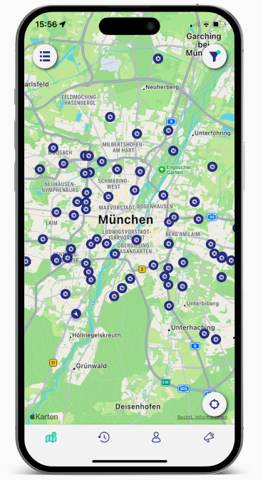 A smartphone shows the map view of petrol station locations in Copenhagen in the ryd app.