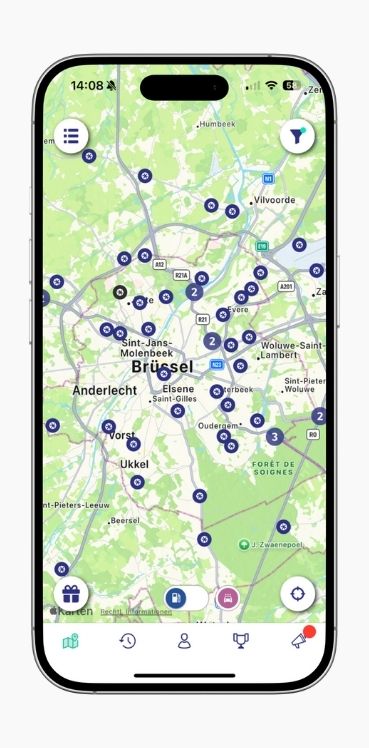 A smartphone shows the map view of petrol station locations in Brussels in the ryd app.